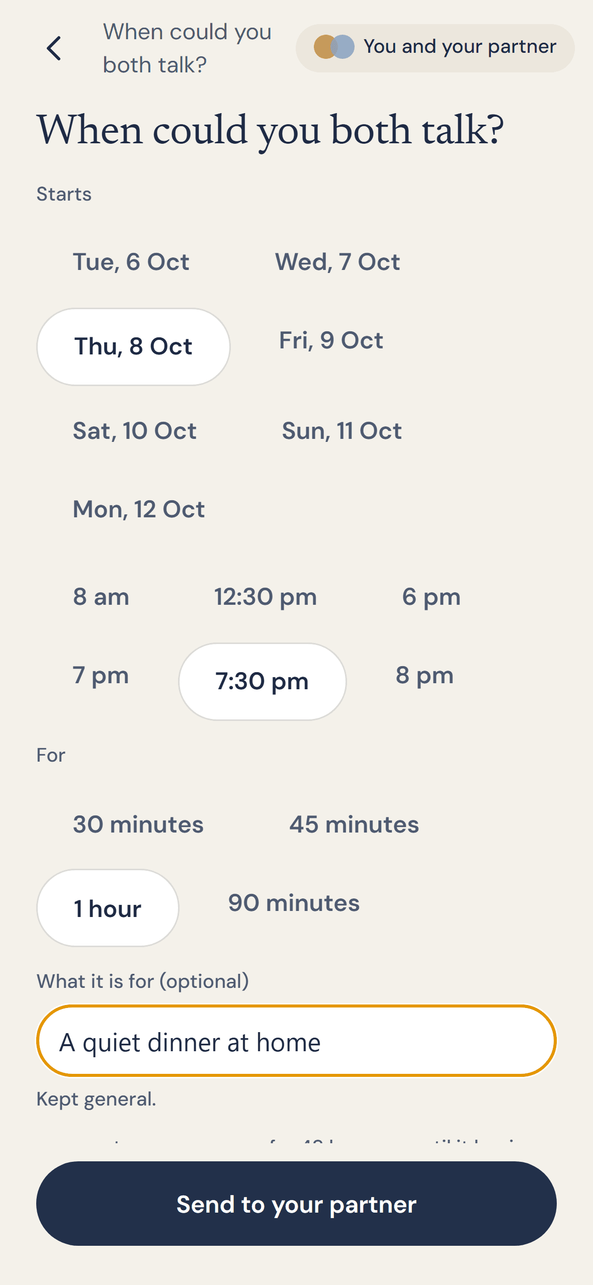 Calendar screen where Sam proposes a time to talk