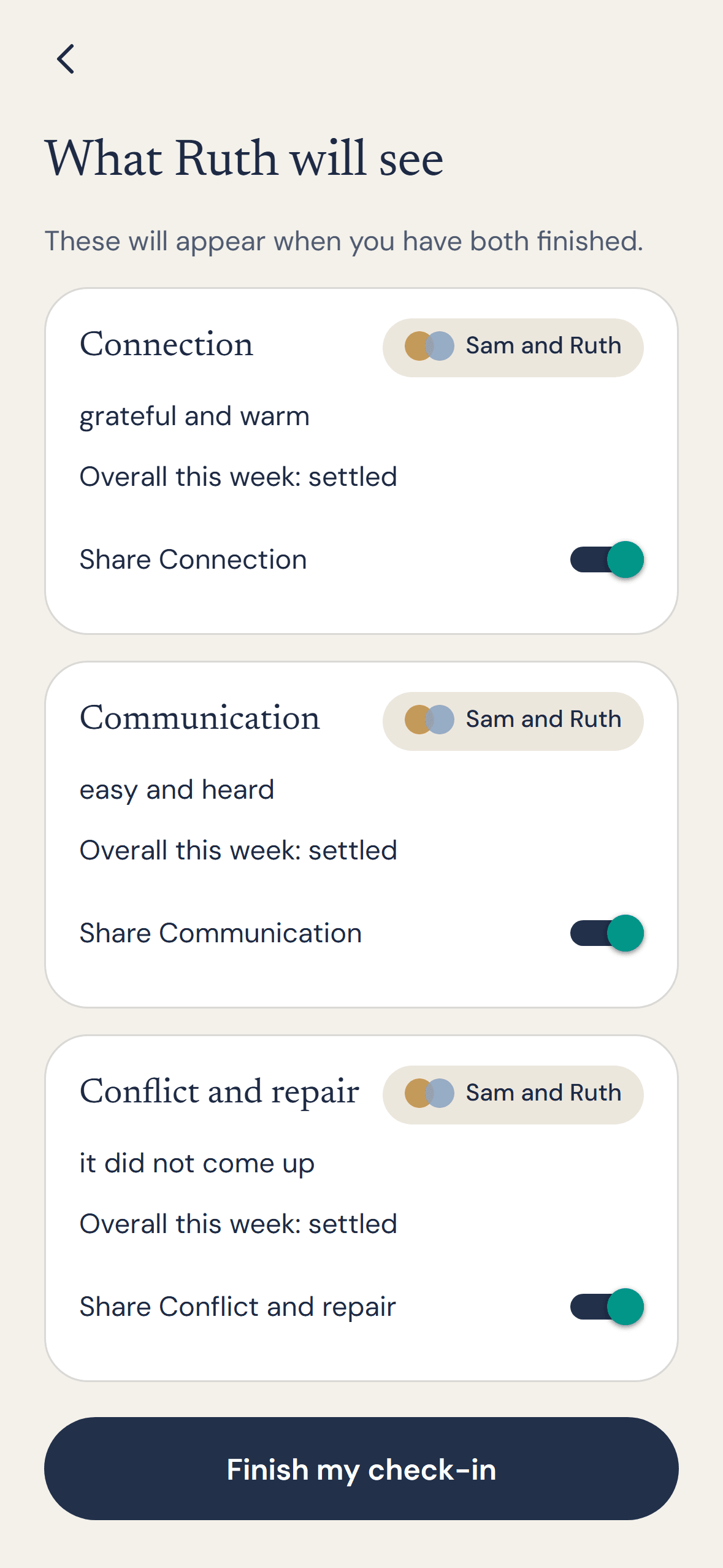 Check-in review showing the words Sam has chosen to share with Ruth